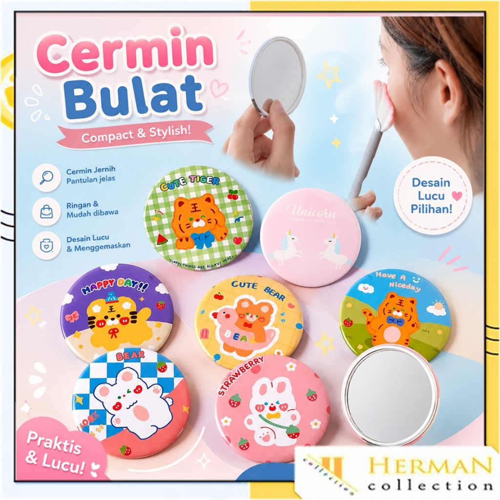 HC Cermin Bulat Mini Karakter Kaca Cermin Make Up Mini Kaca Travelling Motif Lucu Kaca Mini Travel Size Kantong