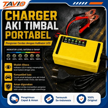 TAVIO Charger Aki Mobil Motor 12V 2A - Untuk Battery Basah/Kering Asam Timbal, Fitur Pulse Repair & Display LED, Input 220V