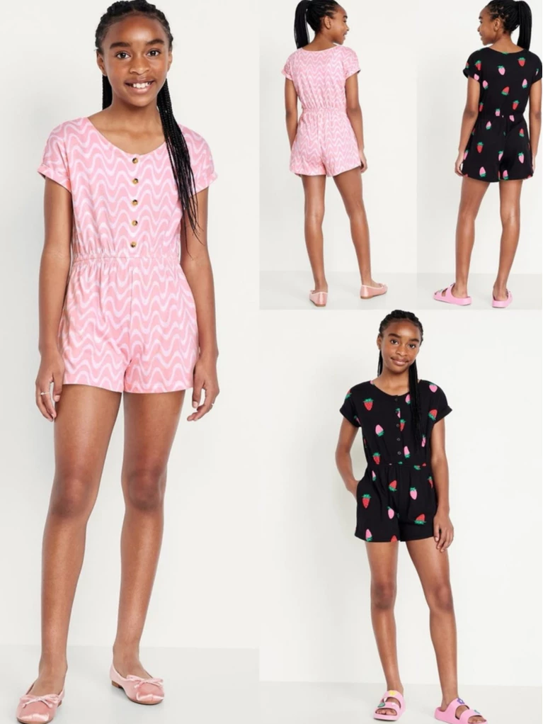 Jumpsuit Anak Remaja OLN Girls' Short-Sleeve Button-Front Patterned Jumpsuit - 2850