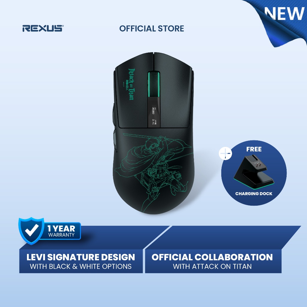 [Exclusive Launching] Rexus x Attack on Titan - Mouse Gaming Wireless LED Display Levi Edition with Docking