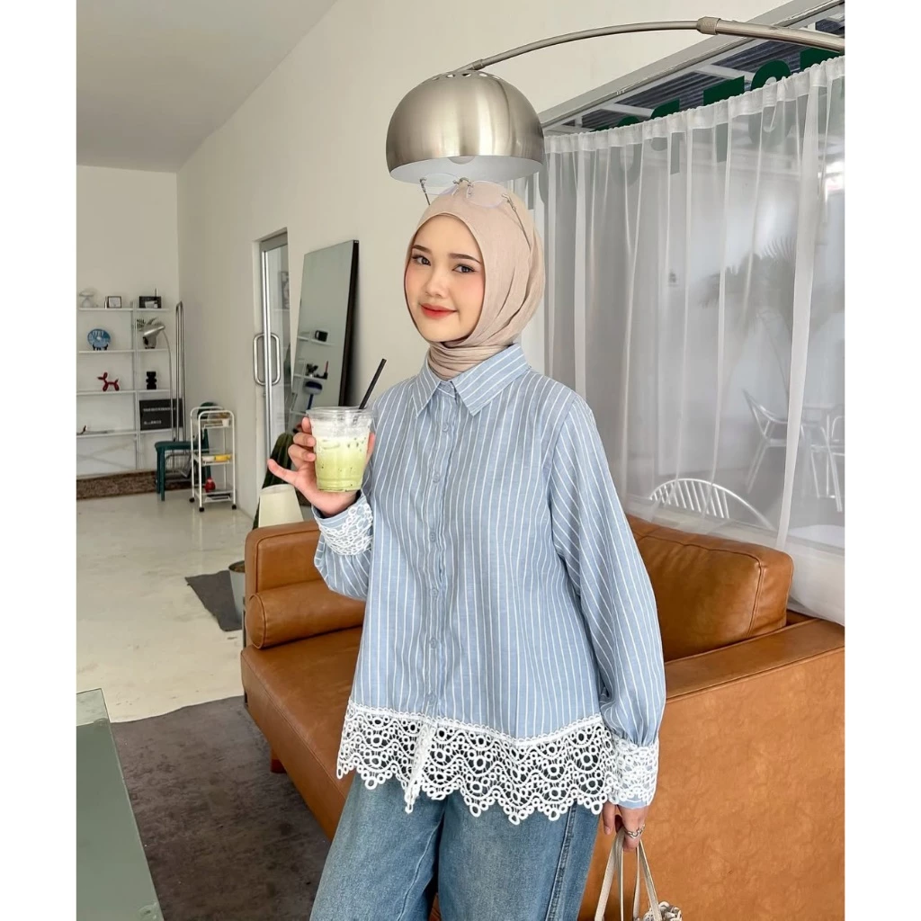 Mayoutfit Eiris Shirt | Atasan Kemeja Salur Variasi Bordir