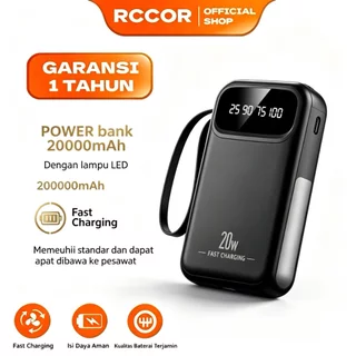 RCCOR Powerbank Mini Bawaan 4 Kabel, Portabel 5 Output 2 Input, Layar Digital Indikator Daya, Bisa Bawa Naik Pesawat