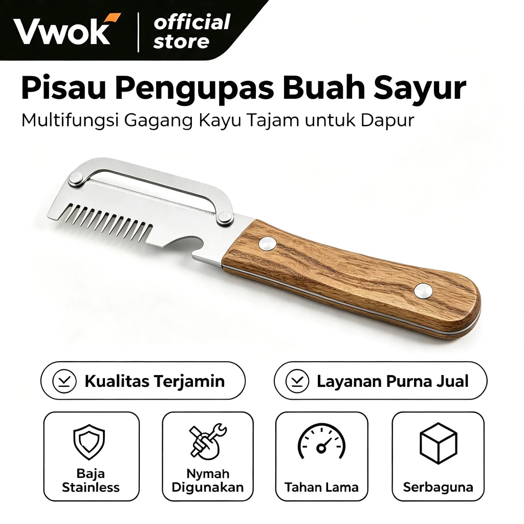 VWOK Pisau Pengupas 3‑in‑1 Gagang Kayu Stainless Steel Serbaguna Alat Kupas Buah Sayur Dapur Rumah Tangga Tajam