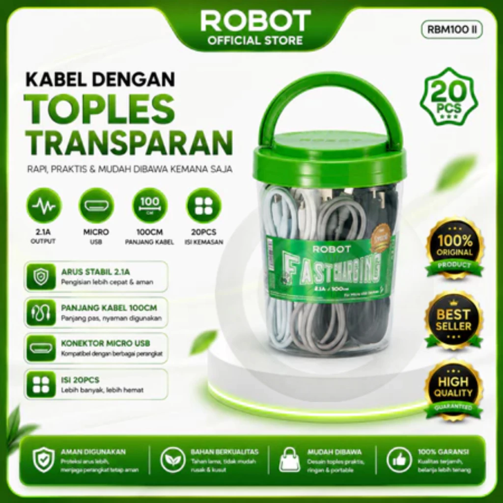 ROBOT RBM100 II 2,1A Kabel Data Micro Colorful (1Toples isi 20 Pcs)