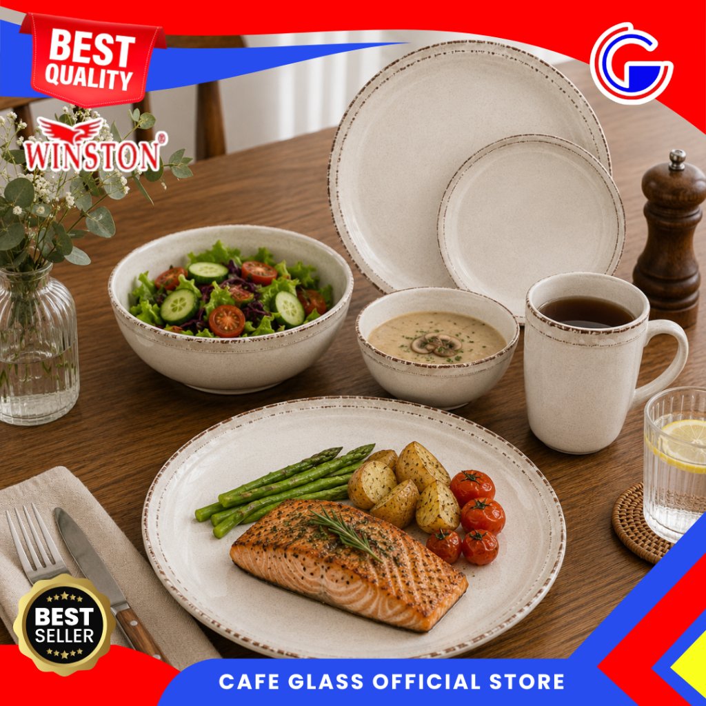 Piring Set Keramik Nordic - Piring Makan/Mug Cream - Piring Aesthetic Garis Krem Winston