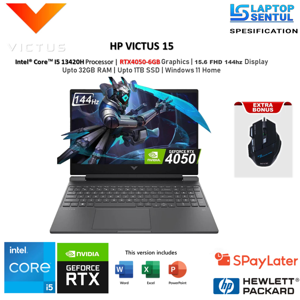 Laptop Gaming HP Victus 15 Intel i5 13420H RTX 4050-6GB RAM 32GB 2TB SSD 15.0 FHD 144hz Win 11 Home