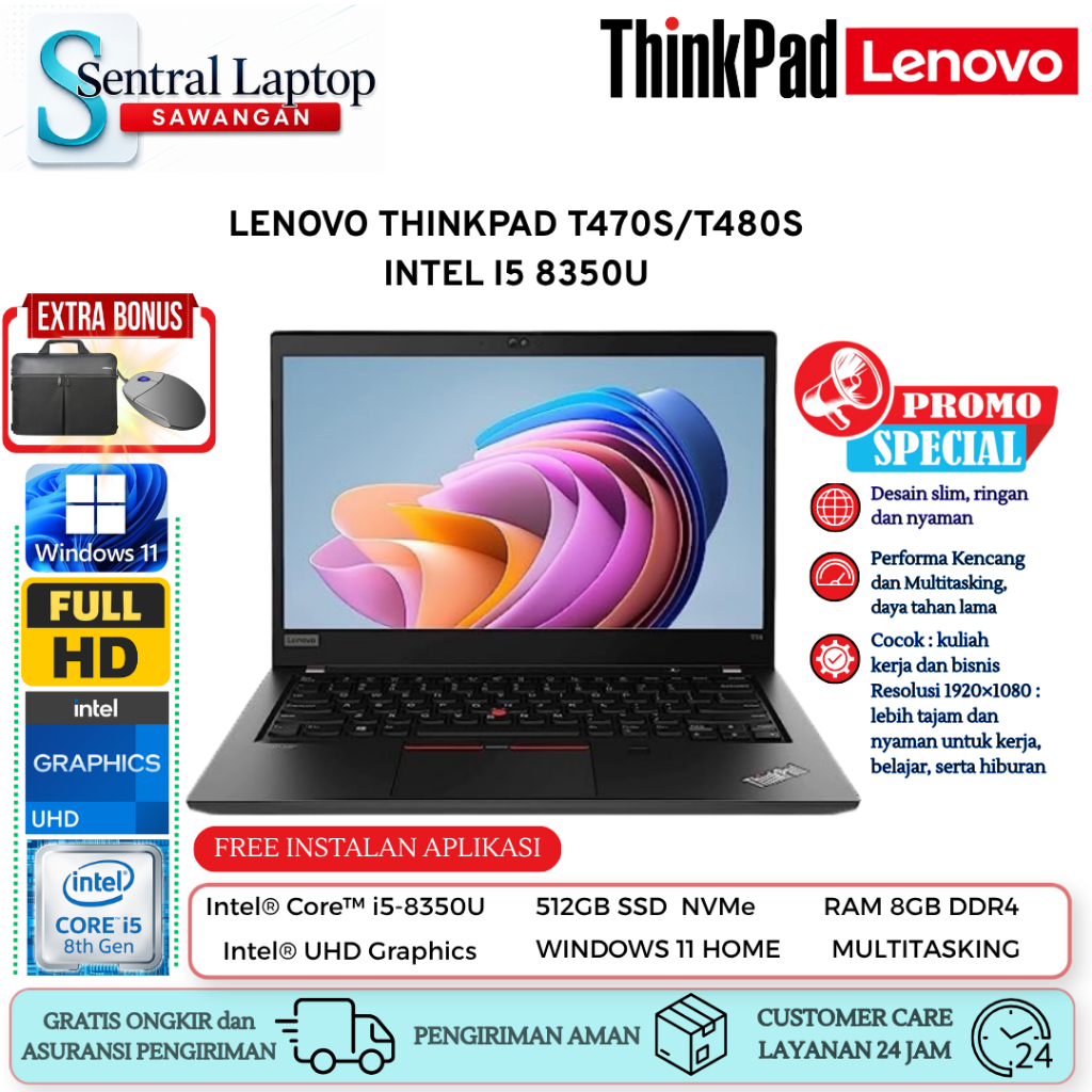 LAPTOP EDITING LENOVO THINKPAD T480s Intel I5 8350U 16GB 512GB SSD 14 FHD Windows 11 PRO