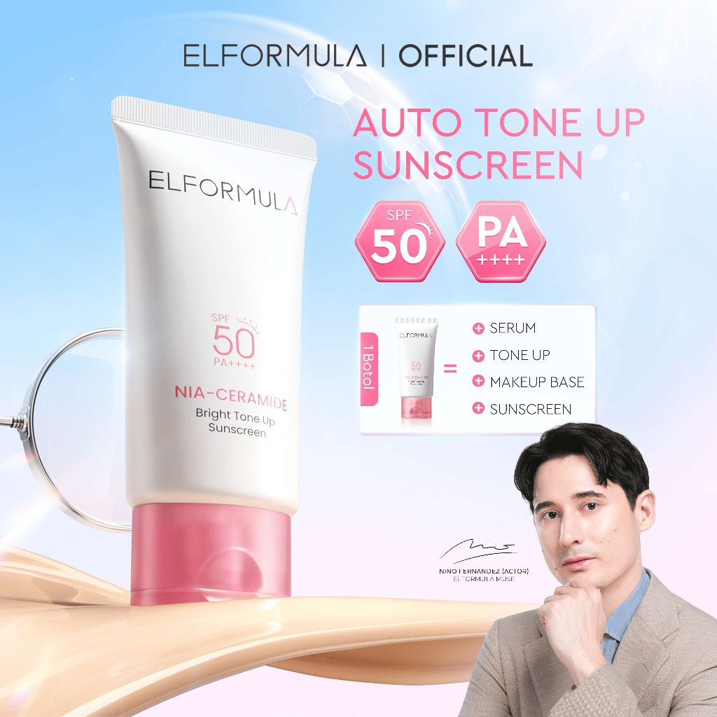 ELFORMULA Nia-Ceramide Bright Tone Up Sunscreen SPF 50 PA++++ 30 ML - 4in1 Smart Tone Up Sunscreen UV Protection Instant Glow Serum Infused Mencerahkan Base Makeup Primer Cepat Menyerap Sunblock Tidak Lengket Ringan