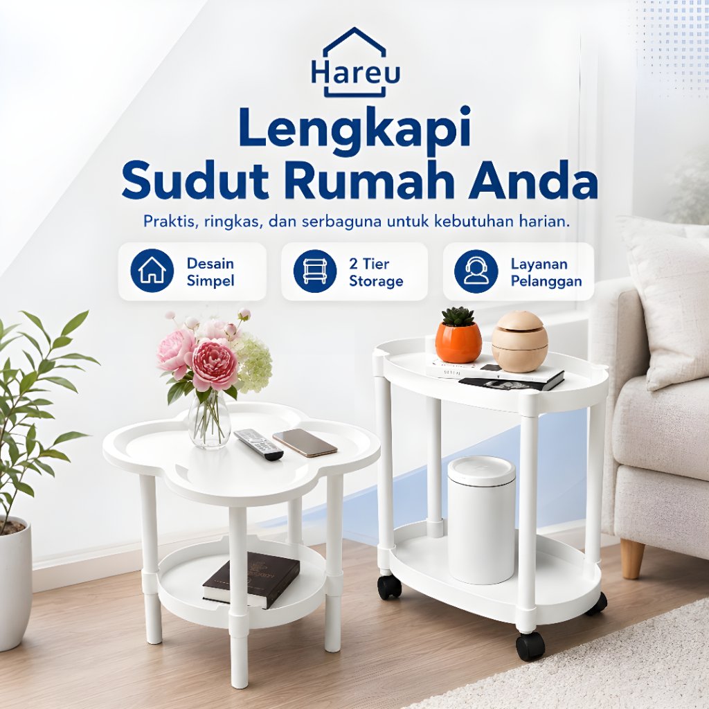HareU Meja Samping Sofa Nakas Minimalis Kamar Tidur - Sudut Kopi Teras Model Cloud Oval Rak 2 Lapis Tingkat Tempat Penyimpanan Barang Serbaguna Portable Meja Laptop Belajar Kecil Dengan Tanpa Roda Dorong Ruang Tamu Estetik CT-02 Dan OS-05