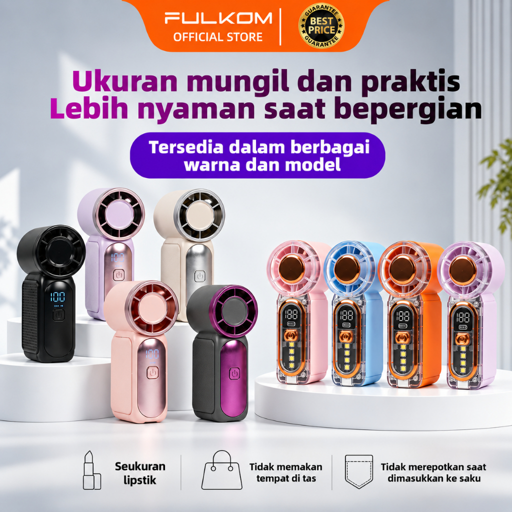 KIPAS MINI VIRAL FULKOM FF699 / FF688 Turbo Fan Portable LED Display USB Charging - Kipas Angin Saku Transparan & Senter LED