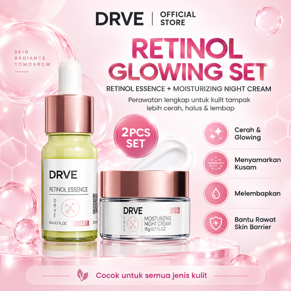 DRVE Retinol Essence + Night Cream Set 2PCS | Serum Retinol Anti Aging Brightening Skincare Mencerahkan Wajah Kusam Melembapkan Kulit Glowing Skin Care Malam Hari