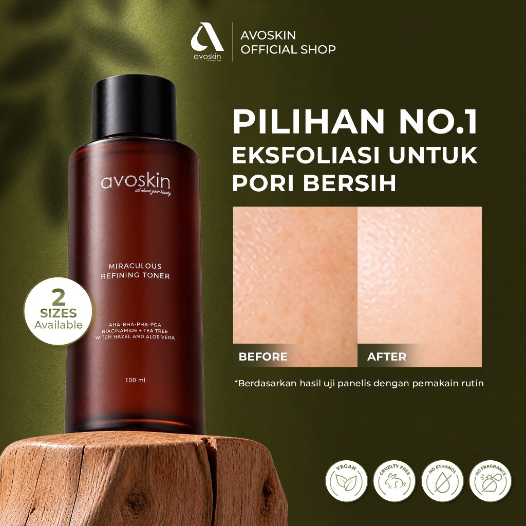 AVOSKIN - Miraculous Refining Toner 100ml | AHA + BHA + PHA, Niacinamide, Tea Tree, Witch Hazel, Aloe Vera | Triple-Acid Pore & Texture Care| Membantu mengangkat sel kulit mati | Untuk Blackheads/Whiteheads + Dullness | Clarifying Treatment