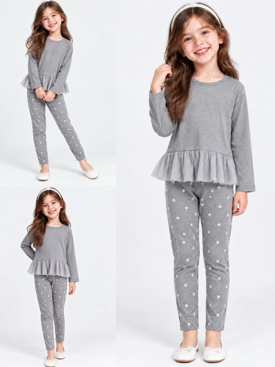 Setelan Atasan Lengan Panjang Celana Panjang Anak CTR Girls 2-Piece Snowflake Print Long-Sleeve Tee & Pant Set - 3073