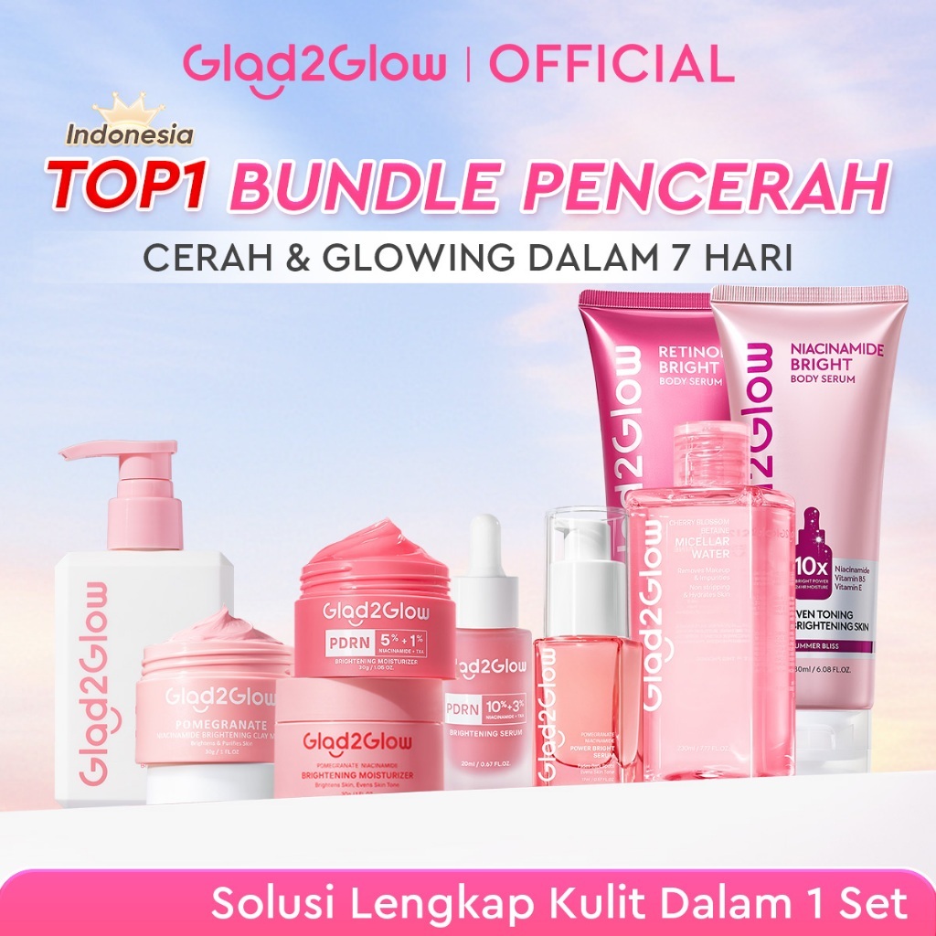 [Cocok Untuk Pemula]Glad2Glow Cerah Glowing Bundle all in 1 7in1-Brightening Moisturizer+Serum+Cleanser+toner+Peeling solution+Retinol 10%Niacinamide skincare paket pembersih perawatan kulit mencerahkan warna kulit g2glow official store