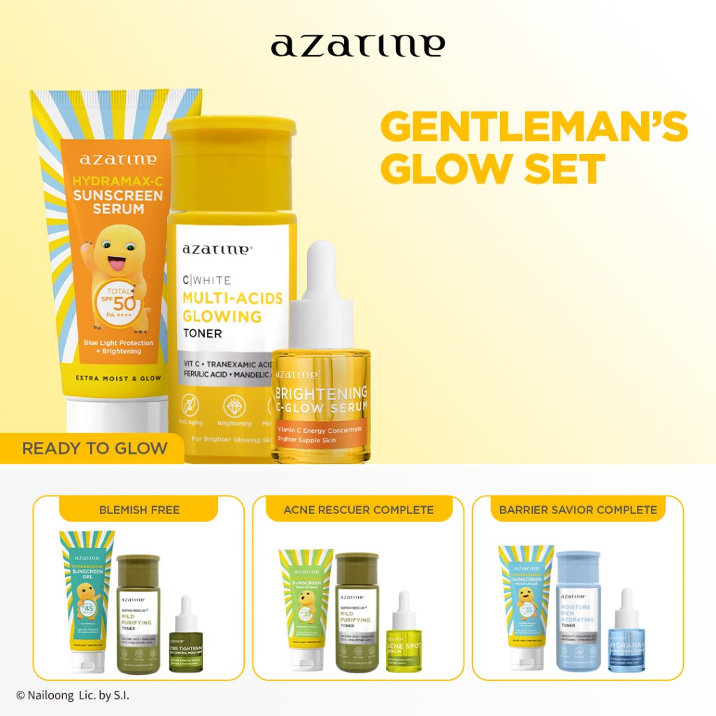 Azarine Gentleman’s Glow Set (Sunscreen + Toner + Serum) Berjerawat Aging Mencerahkan Wajah Hydrating