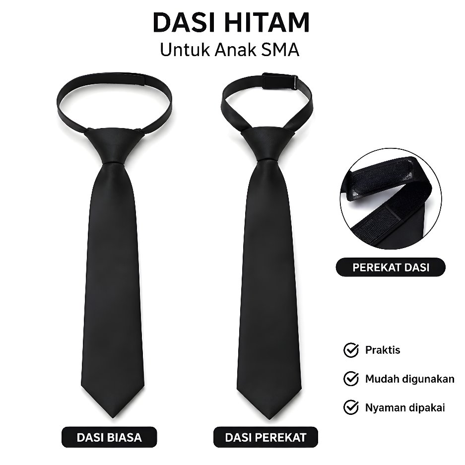 Dasi Perekat Hitam Polos Unisex Pria Wanita Desain Formal Dan Mudah Di Pakai
