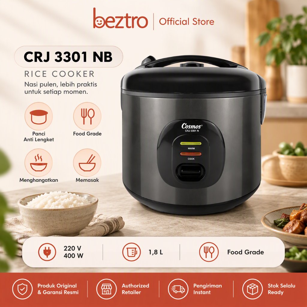 Cosmos Rice Cooker CRJ-3301 NB (Black Series) Kapasitas 1.8 L Warna Hitam Non Stick Pot CRJ3301NB