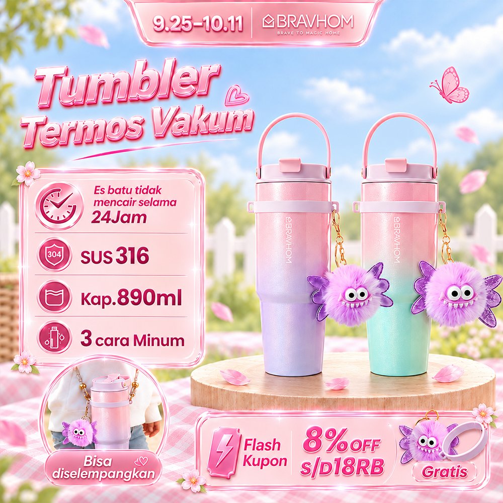 BRAVHOM Tumbler Tahan Panas Dingin 24 Jam 890ml Besar Tumbler Stainless Aesthetic SUS316Wanita BT06