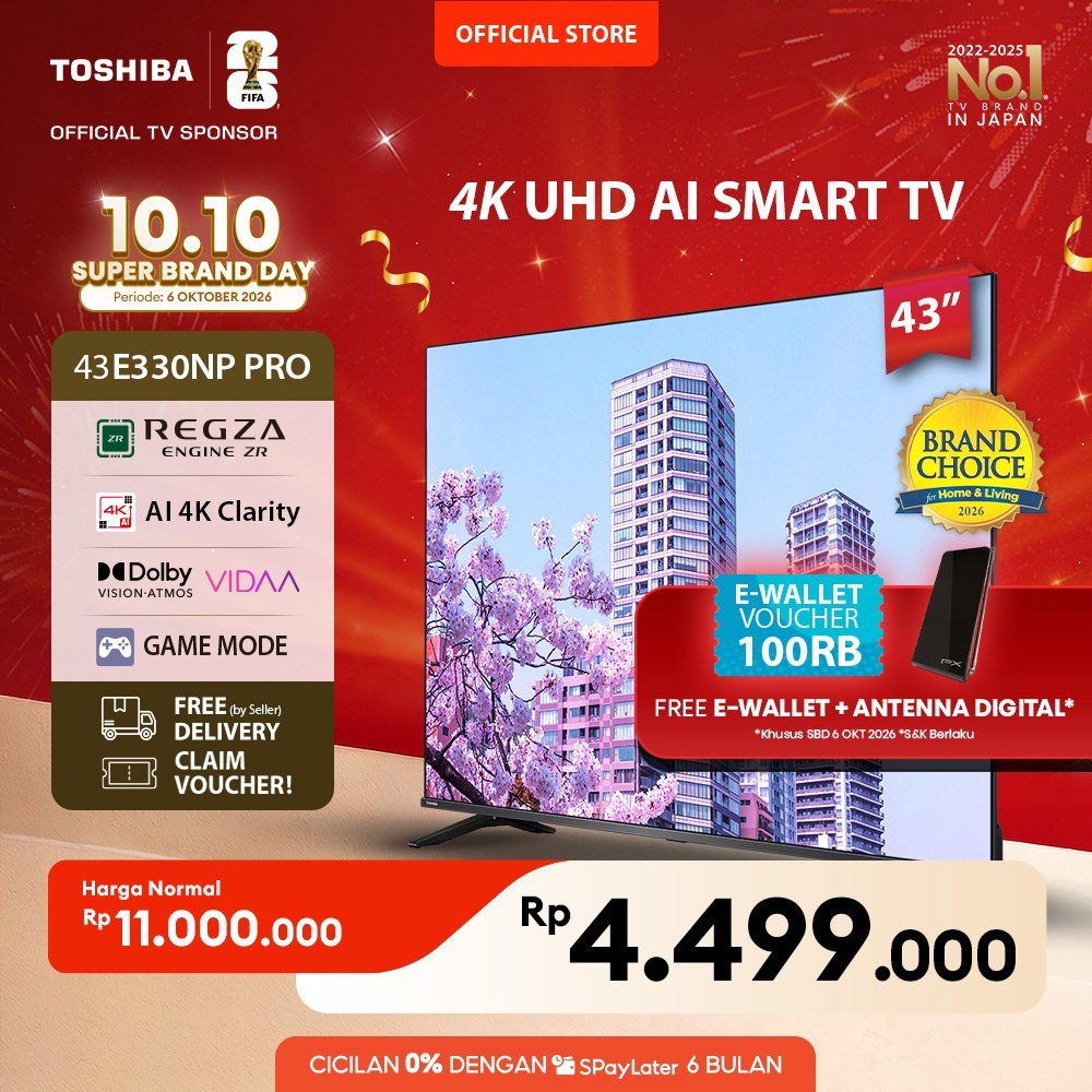 [KHUSUS ONLINE] Toshiba TV 43" 4K UHD Smart TV PRO - Regza ZR Dolby Vision Atmos HDR10+ MEMC VRR ALLM Netflix Disney+ Youtube Apple AirPlay Screen Sharing Voice Control Wifi Bluetooth 5.0 HDMI 2.1 Digital - 43E330NP PRO
