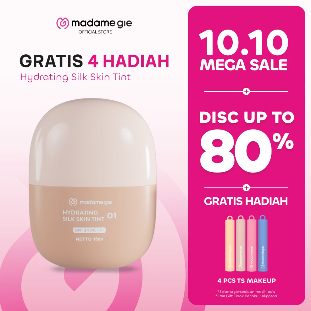 [GRATIS 4 HADIAH]  [LS] Madame Gie Hydrating Silk Skin Tint SPF34 PA+++ -  Natural Coverage Hydrating Base Makeup | Ringan Non-Cakey | Ultra Fine Powder Technology | Non-Comedogenic | Acne-Safe Formula | Dermatologically Tested | Niacinamide