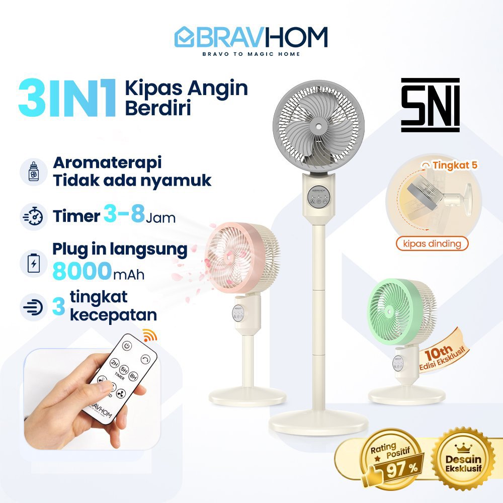 BRAVHOM Kipas Angin Berdiri 3IN1 8000mAh Remote 3-8 Jam Dinding Aromaterapi Kipas Aesthetic FN66