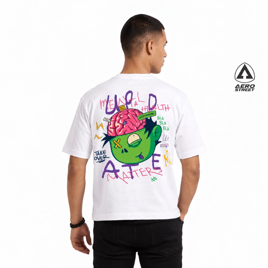 Aerostreet T-Shirt Boxy Fit Mental Health Putih Kaos Katun Unisex Sablon Graphic Premium Streetwear Street Colorful