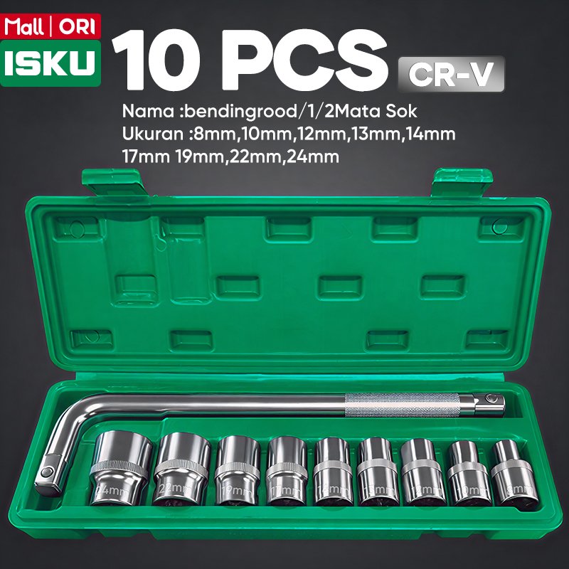 ISKU Mata kunci sok set 10Pcs Termasuk 9pcs 8-24mm 1/2 inch 6PT Mata Sock Set Dan 1pcs 1/2 Inch Gagang Sock L/Kunci Set 1/2 inch 6Pt Kunci Mata Shock TOOL KIT