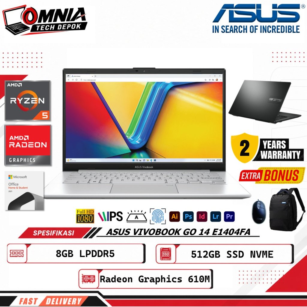 Asus Vivobook Go 14 E1404FA VIPS5853M Ryzen 5 7520U 8GB 512GB SSD 14.0FHD IPS Windows 11 Home Garansi Resmi