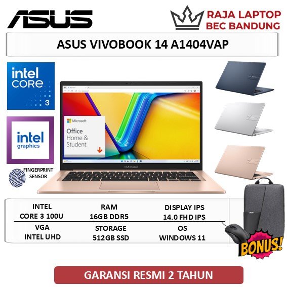 Laptop Asus Vivobook 14 A1404VAP Core 3 100U 16GB DDR5 512GB SSD 14" FHD Win11 OHS Garansi Resmi