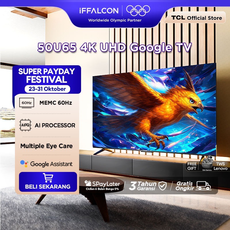 iFFALCON by TCL 50 inch U65 Series Google TV (Android 12) Smart Digital - 4K UHD - Dolby Audio - Google Play/Netflix/YouTube/Disney+ Hotstar/Prime Video - WiFi/Bluetooth