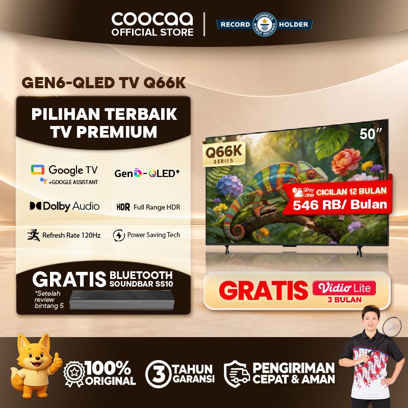 QLED GEN 6 TERBARU COOCAA TV 50 inch Q66K - Gen 6 QLED- 4K Google TV - 120 Hz - HDR10+ - Dolby Audio - Power Saving - Find My Remote (COOCAA 50Q66K)
