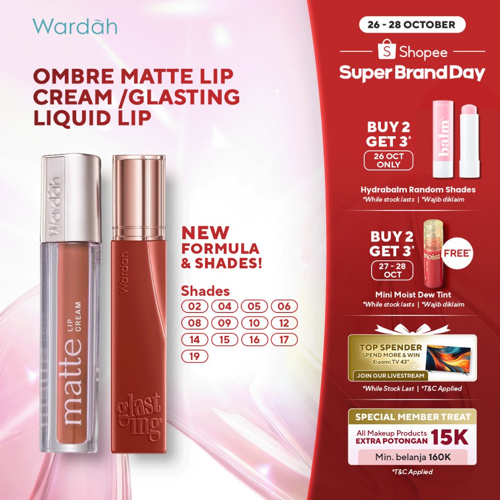 WARDAH Ombre Glasting Liquid Lip + Matte Lip Cream -Lip-Stain-Lipgloss-Lipstik-Lip Matte-Lipcream-Lip Cream- Glossy Longlasting Waterproof Tahan Lama - Glaze Lip - Liptint Anak Sekolah - Makeup