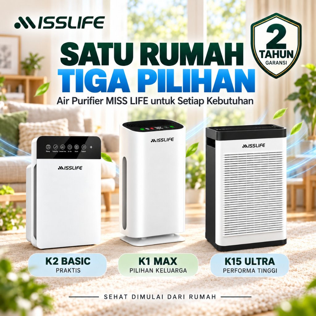 MISS LIFE Air Purifier Pembersih Udara Penjernih Udara HEPA Filter Penyaring Debu PM2.5 Asap Polusi Bau Tidak Sedap Alergen Bulu Kucing Hewan Peliharaan untuk Kamar Tidur Rumah Ruang Tamu Kantor Hemat Listrik Senyap Udara Bersih Karbon Aktif