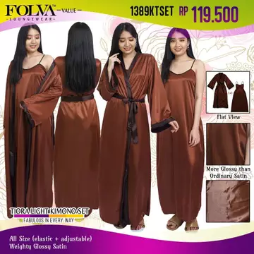 Folva Kimono Set Panjang Piyama Satin 1389KTSET Coklat All Size
