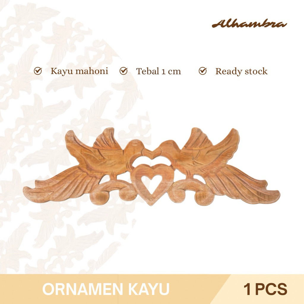 Ornamen Ukir Tempel , Pajangan Asli Kayu Mahoni 36 x 12 cm - Motif Burung