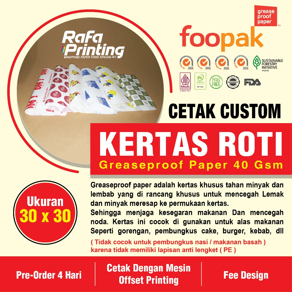 Jual CUSTOM Kertas Roti Foodgrade 30 x 30 / Wax Paper / Paper Grease ...