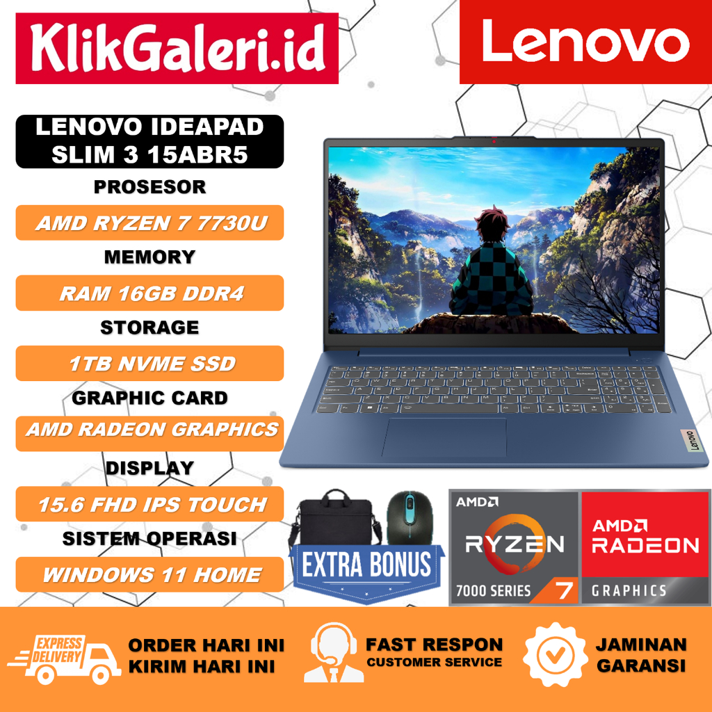 Laptop Gaming Lenovo Ideapad Slim Amd Ryzen 7730U RAM 16GB 1TB FHD  IPS Touchscreen Backlit Fingerprint Win11 Abyss Blue