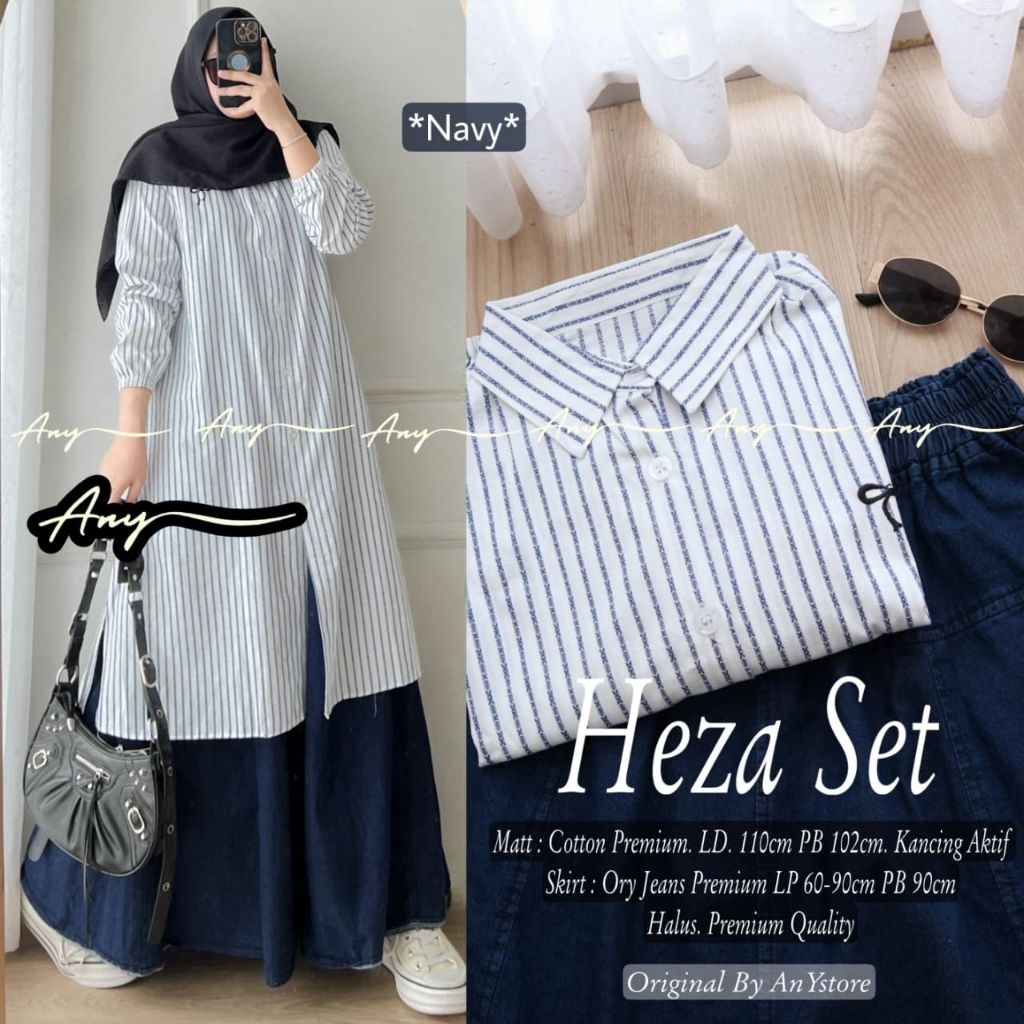 Jual Heza Set Tunik Salur Rok Jeans (Any) | Shopee Indonesia
