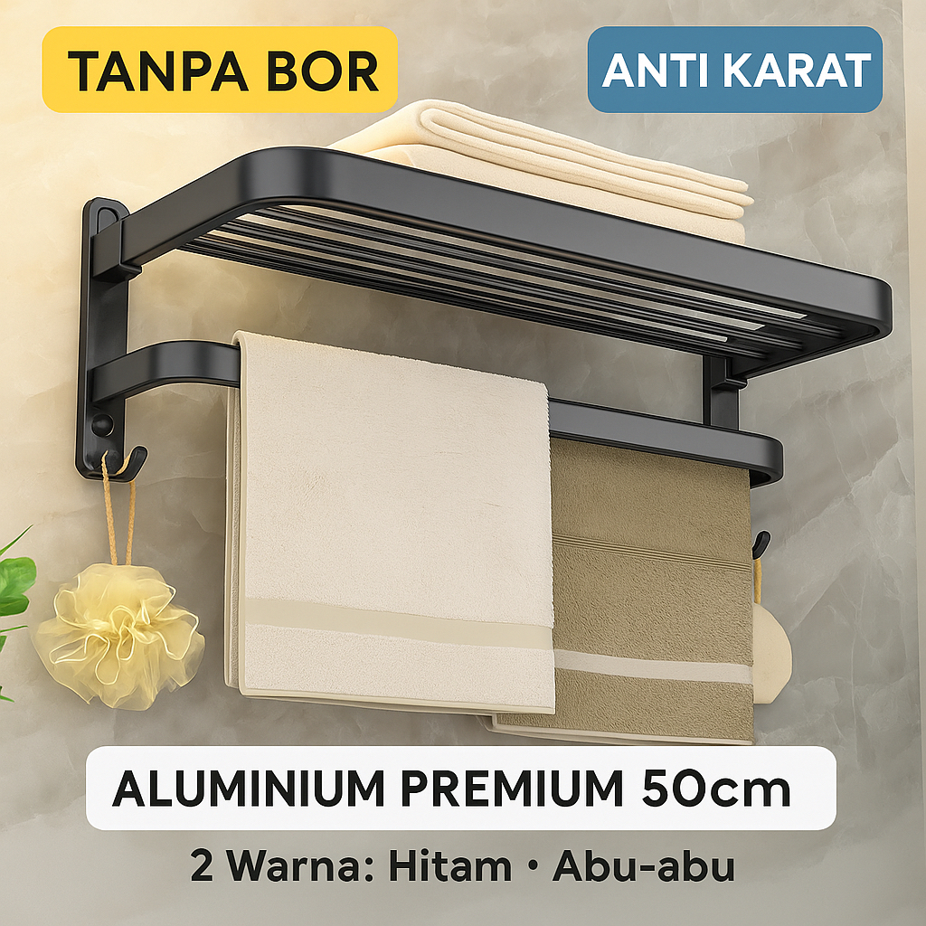 Jual Rak Handuk Dinding Kamar Mandi Aluminium 50cm Tanpa Bor Anti Karat ...