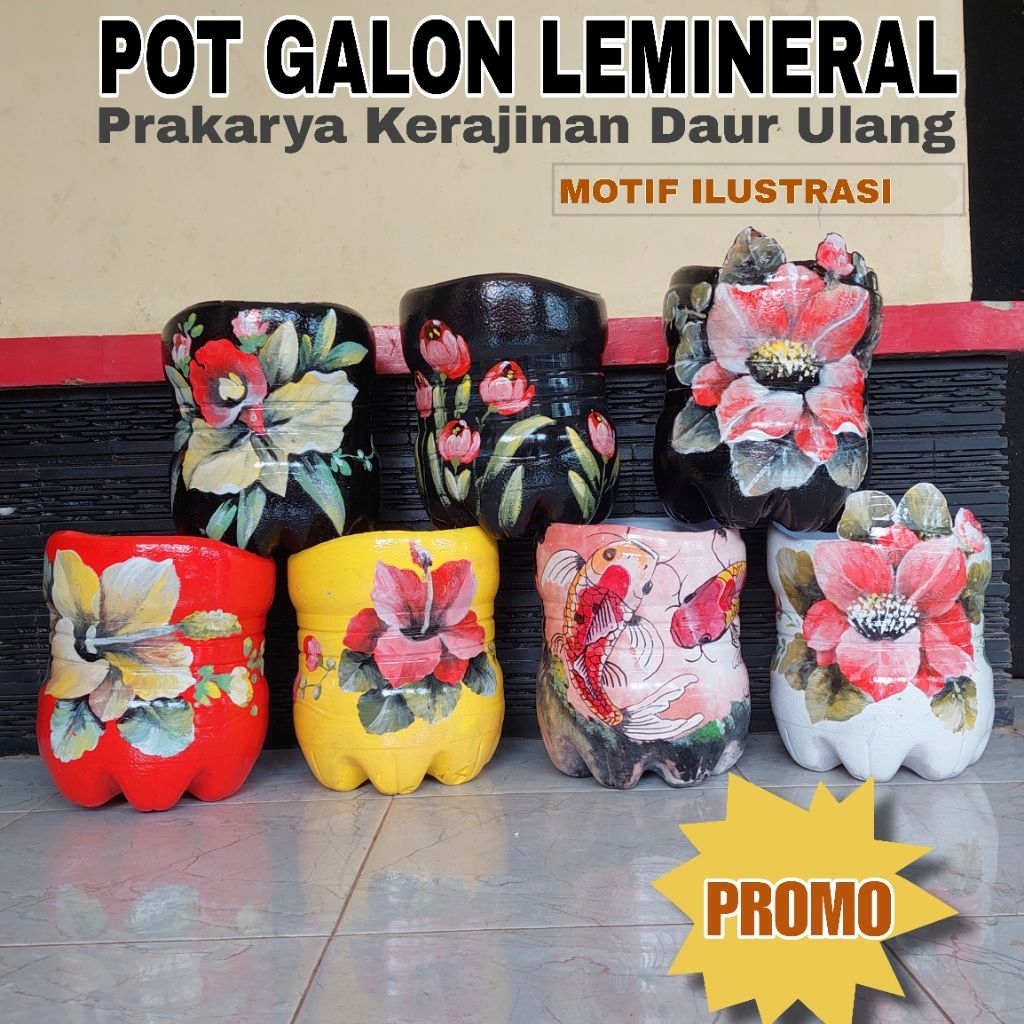 pot bunga dari galon bekas lemineral besar 15Liter,motif lukisan ilustrasi bunga buah buahan prakarya kerajinan daur ulang
