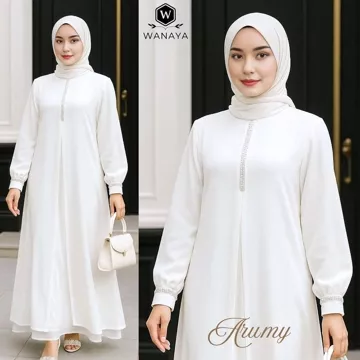 Arumy Gamis Trendy Muslim Model Ceruty Babydoll Full Puring Payet Swarovski Simple Elegan