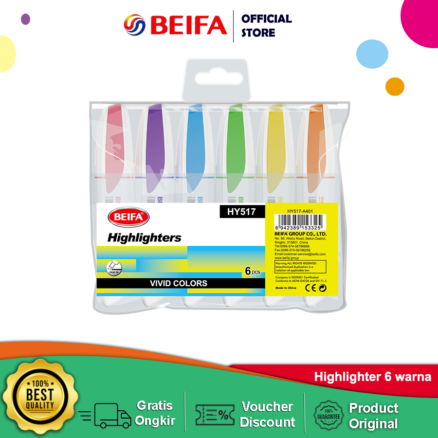 Jual Beifa Highlighter Ukuran 3.0mm 6 Color 1 Set Warna Cerah HY517 ...