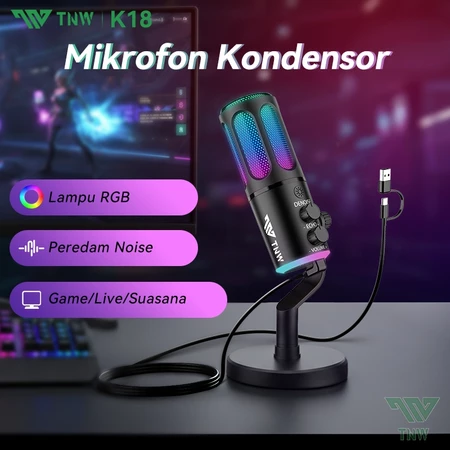 TNW K18 Microphone Condenser USB Type-C Mikrofon with RGB Dynamic Mic for PC Laptop Live Streaming Gaming Recording
