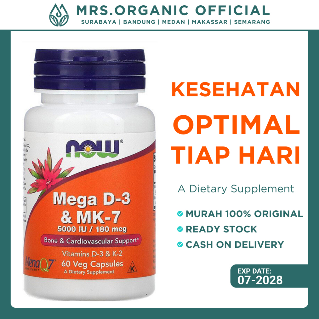 Jual Vitamin NOW Mega D3 D-3 dan MK7 5000 IU 180 mcg 60 Capsules ...