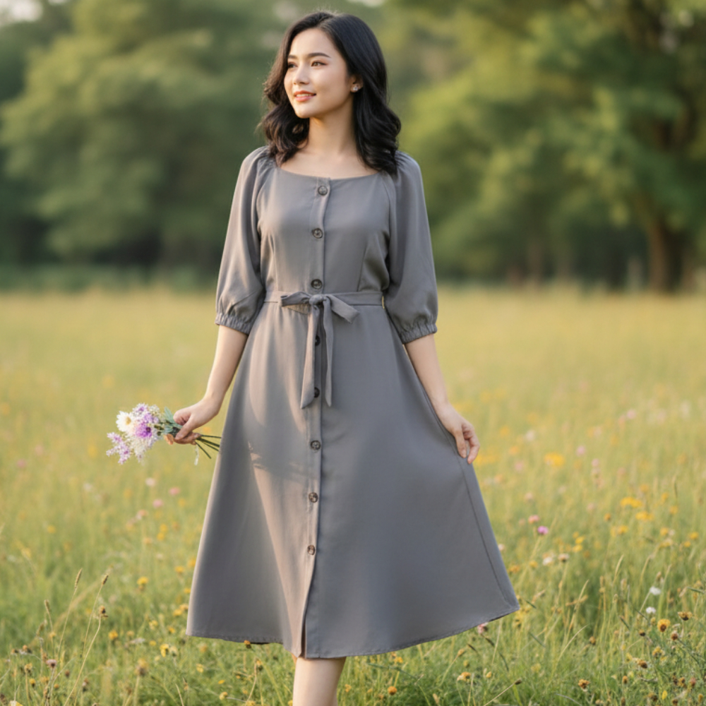 midi dress korean sabrina kasual Jual Dress Korean Style Midi Busui Fredly Sabrina Kasual Baju Wanita Polos  Full Kancing Tali Samping