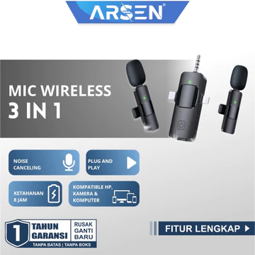 ARSEN Mic Wireless 3 In 1 Clip On Dual Microphone 3.5mm Noise Reduction Cocok Untuk Konten