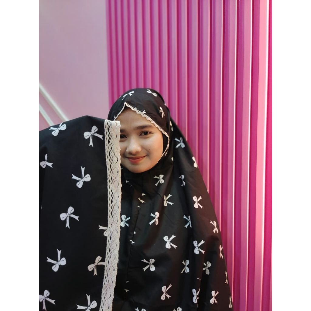 (Free Tasbih Mini) Mukena 2in1 Dewasa Katun Premium Motif Pita Mix Renda Resleting Free Tas Travel