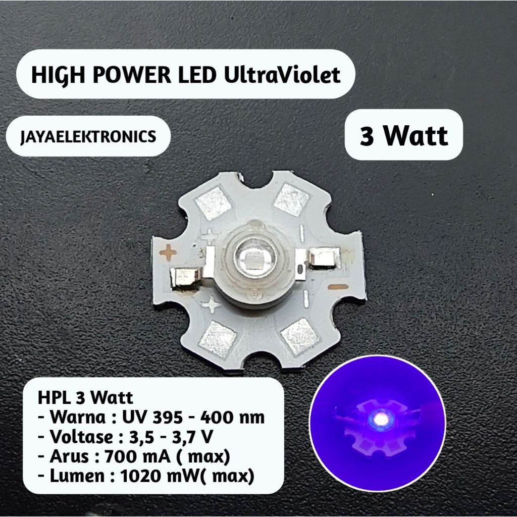 Jual LED HPL UV 3 Watt + Heatsink Ultraviolet 395 - 400 nm per 1 pcs ...