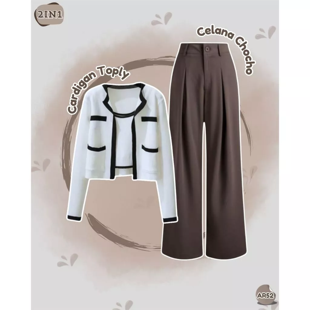 Gambar 3 Setelan Wanita Elegan 4in1 Cardigan + Celana + Belt + Hijab Outfit Kerja Kuliah OOTD Kekinian Classy AR52