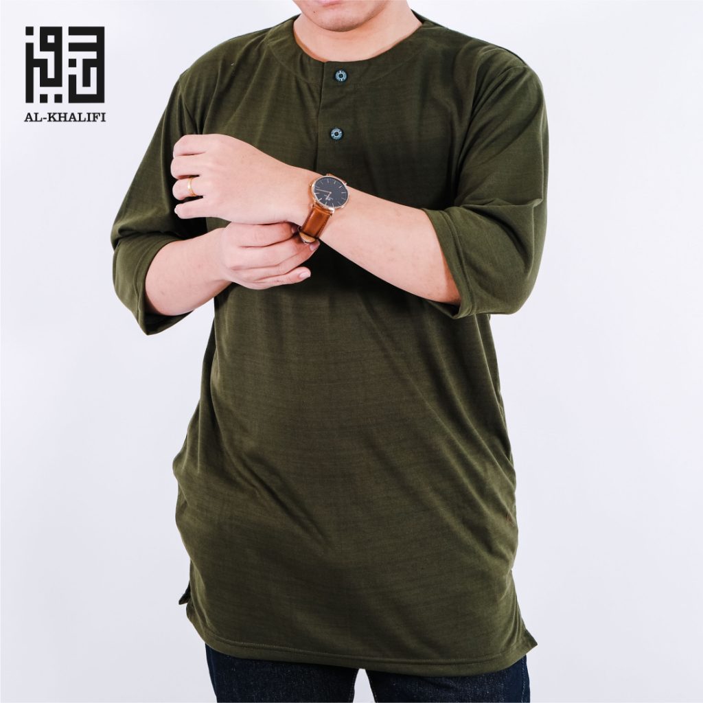 AL-KHALIFI - Kaos Koko Kurta Lengan 3/4 Baju Koko Muslim Dewasa - Army